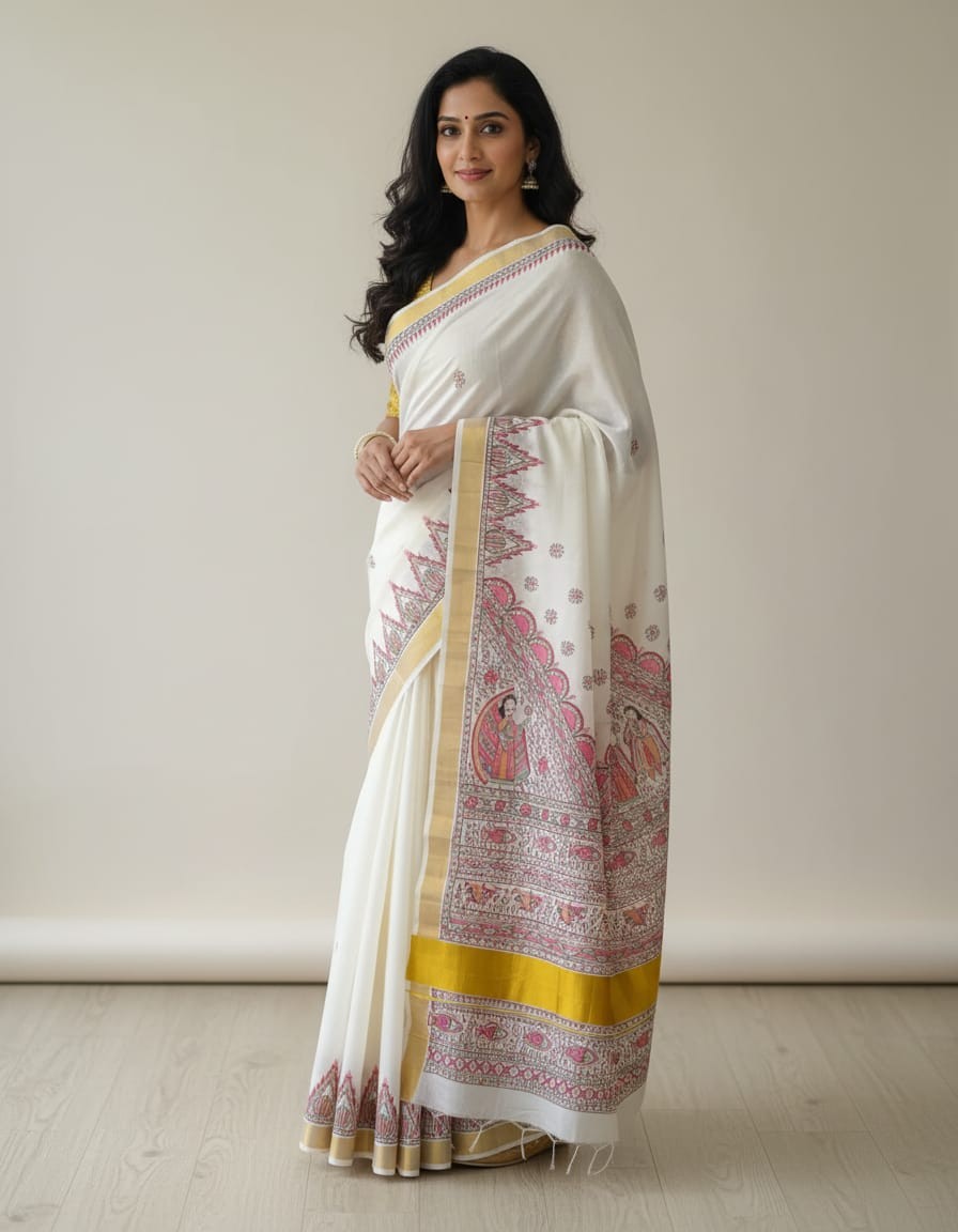 'Radha Krishna' Hand painted Madhubani Blend Saree