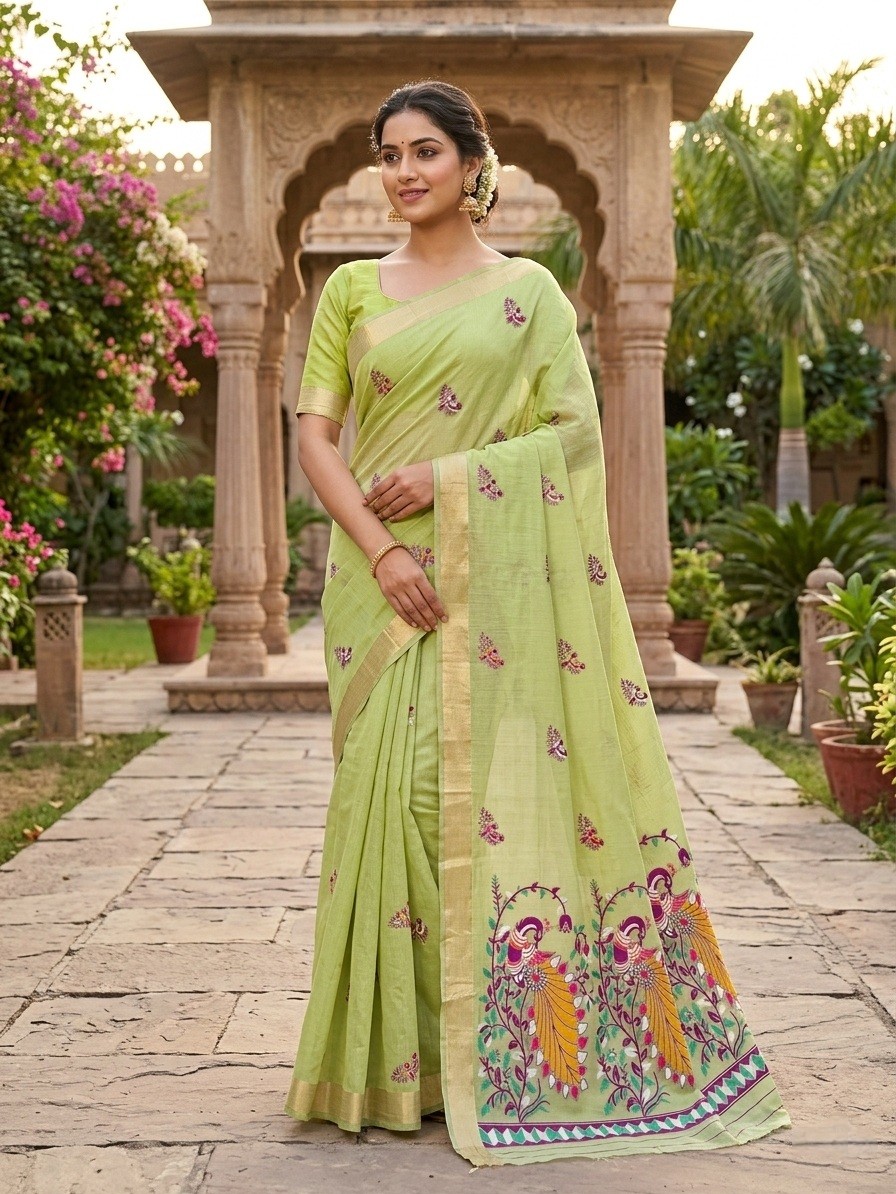 Bird Motif Muga Jamdani saree- Light Green