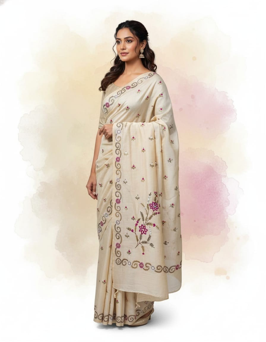 Hand stiched Nakshi Kantha Saree - Deep Pink