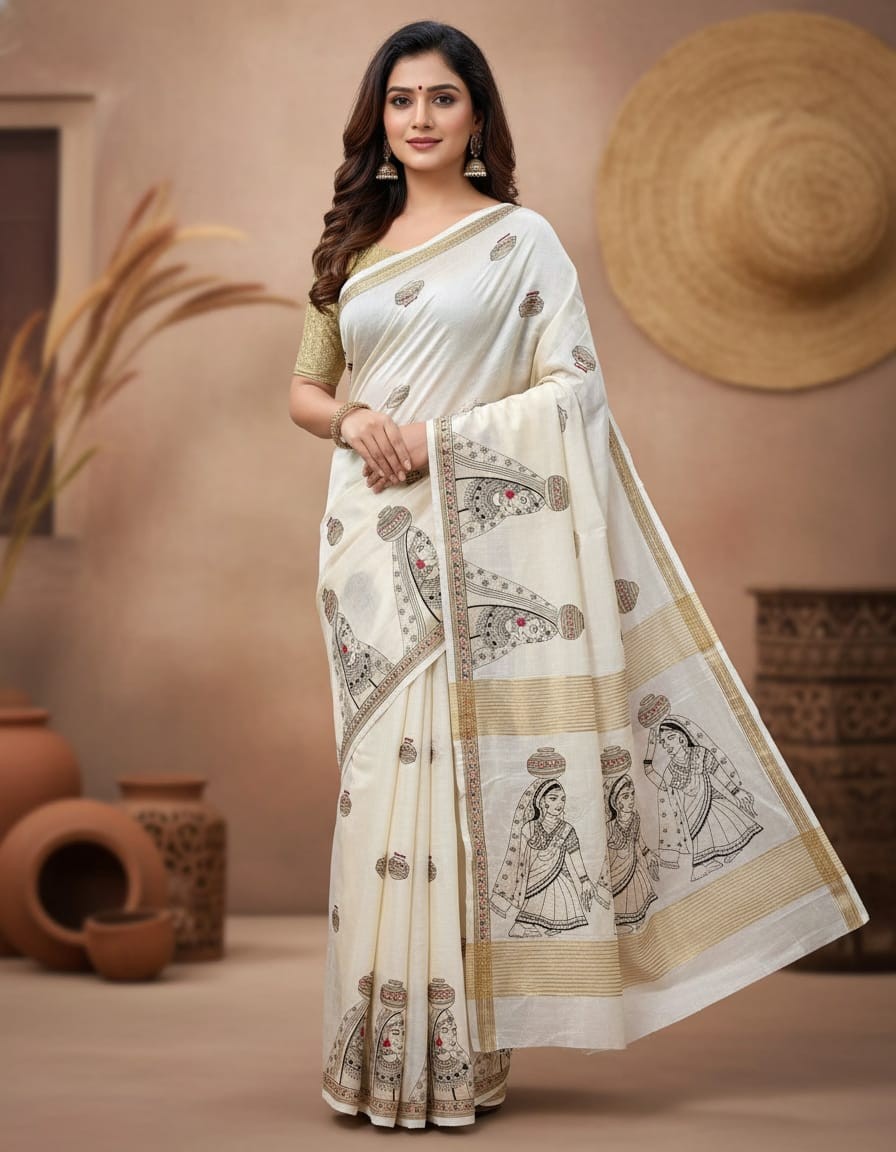 Women Carrying Pot motif Semi Tussar saree