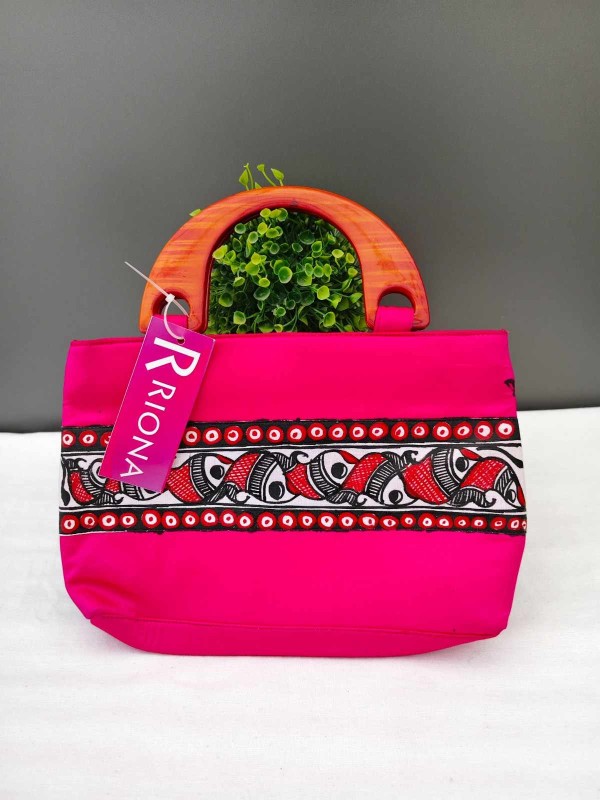 Handpainted Madhubani Silk Bag With Wooden handle - Pink