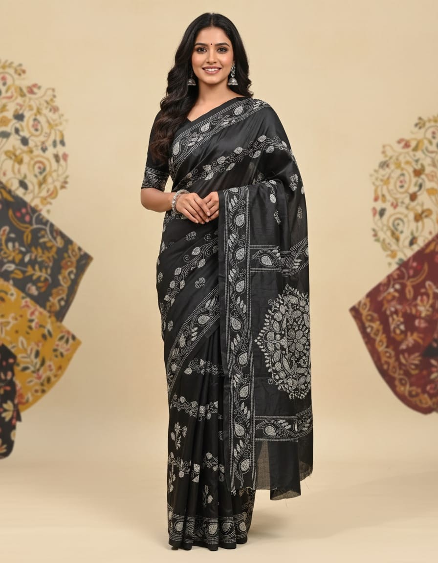Bangalore Silk Blend Kantha Saree - Black