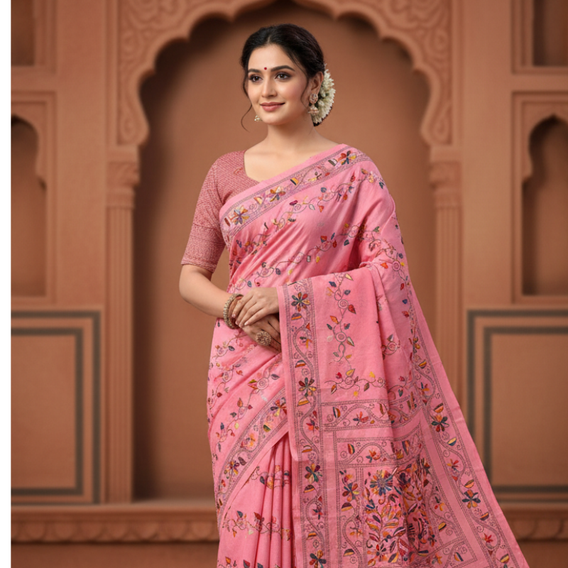 Bangalore Silk Blend Kantha Saree -Pink With Multicolor Work