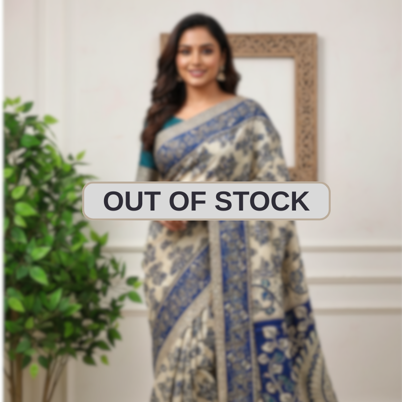 'Parnika' Off White base with Indigo-Blue Floral motifs cotton Kalamkari Saree