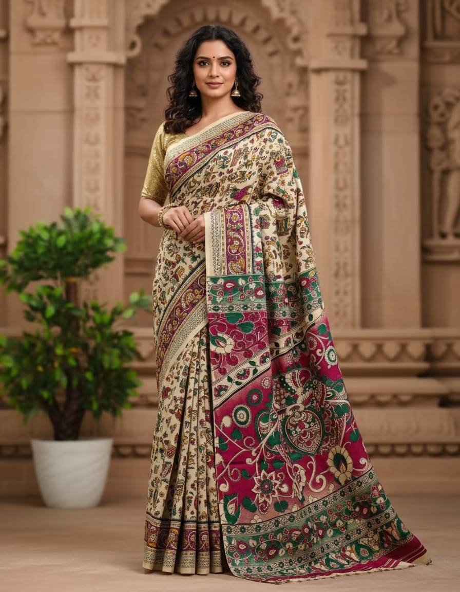 'Nrityachitra' Off white canvas with human motifs cotton Kalamkari Saree