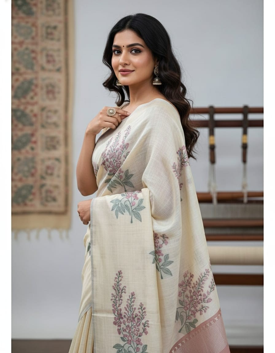 Floral Art Muga Jamdani Saree - off white with Red Blossom