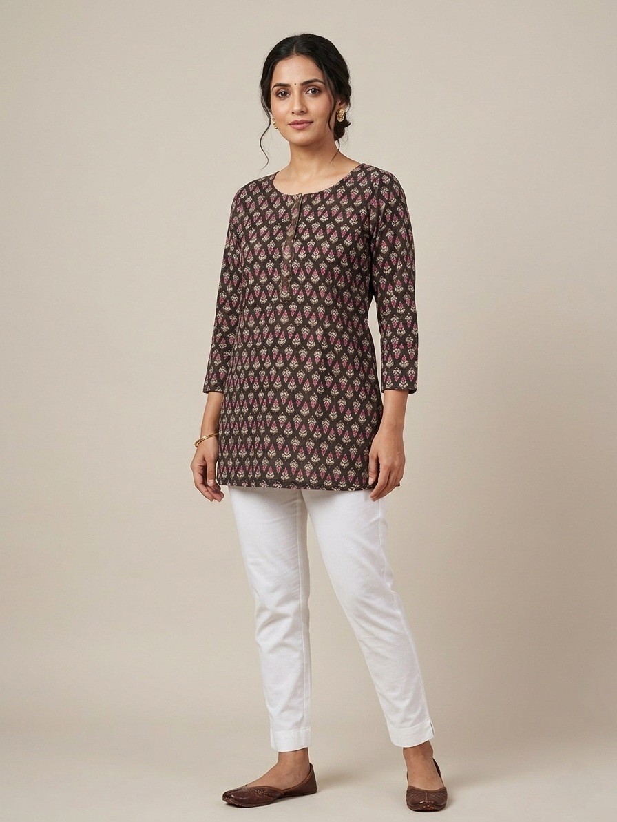 Round Neck Line Ladies Short Kurti