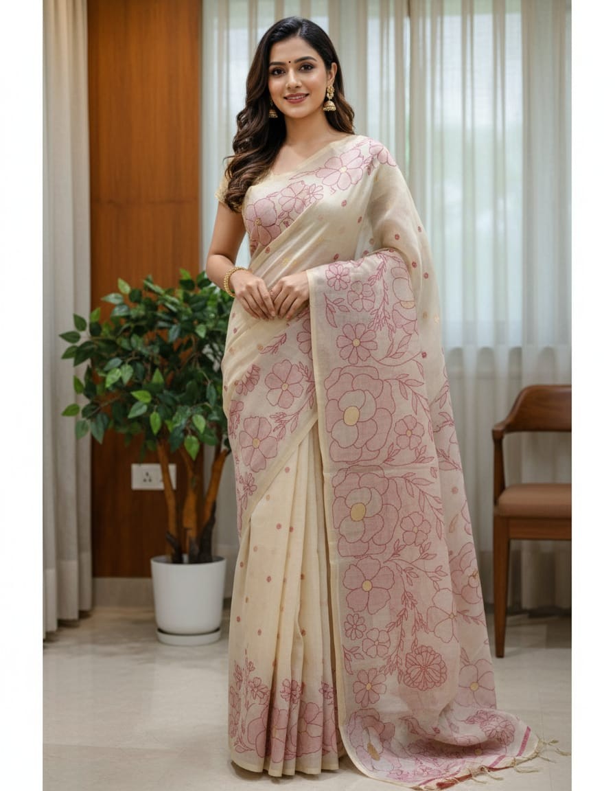 Brown Floral Mist Muga Jamdani Saree