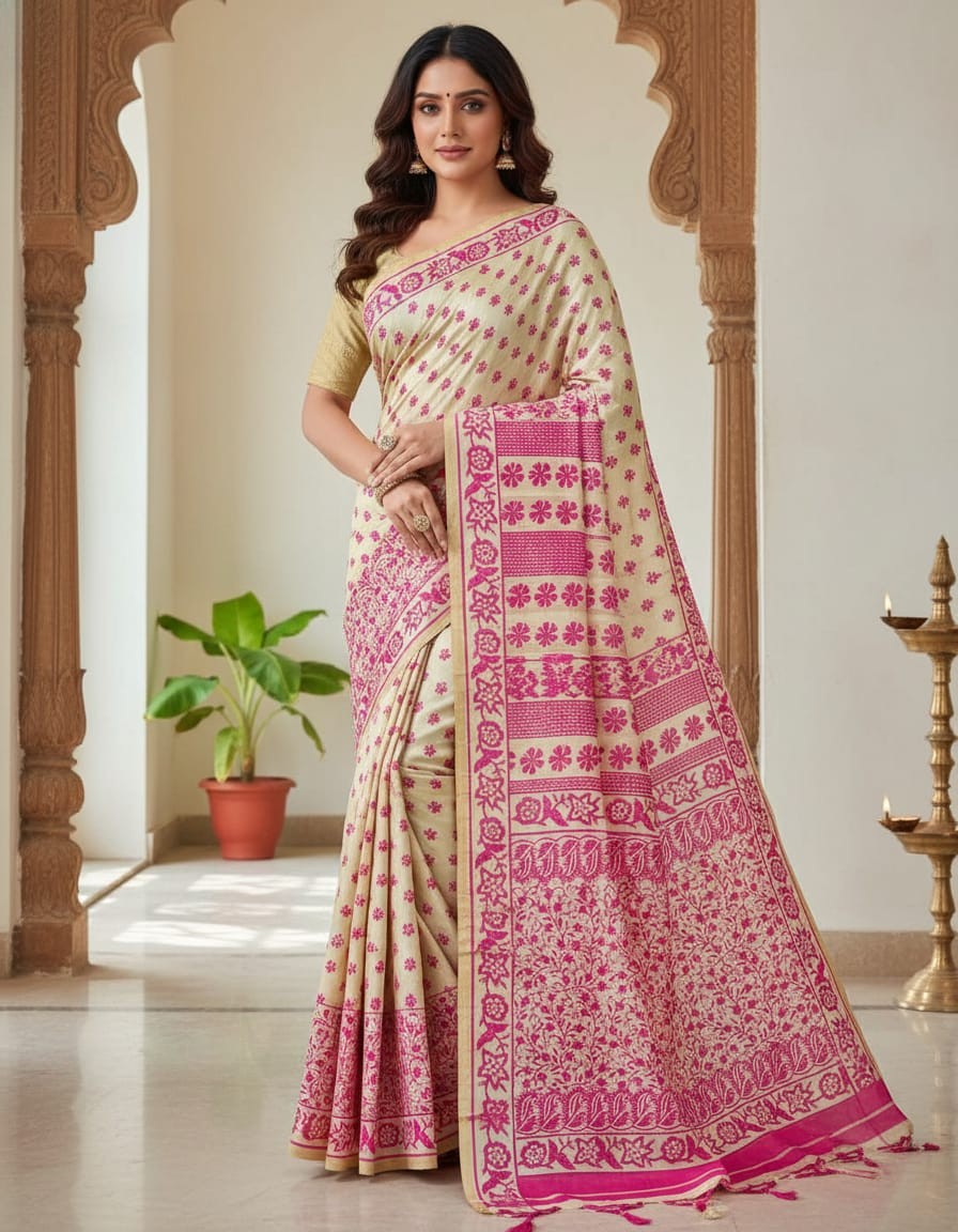 Hand Stitched Kadhwa Kantha Saree - Deep pink
