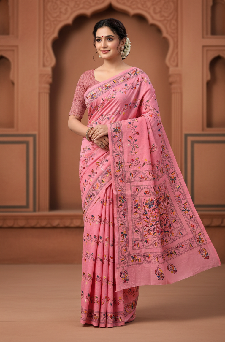Bangalore Silk Blend Kantha Saree -Pink With Multicolor Work