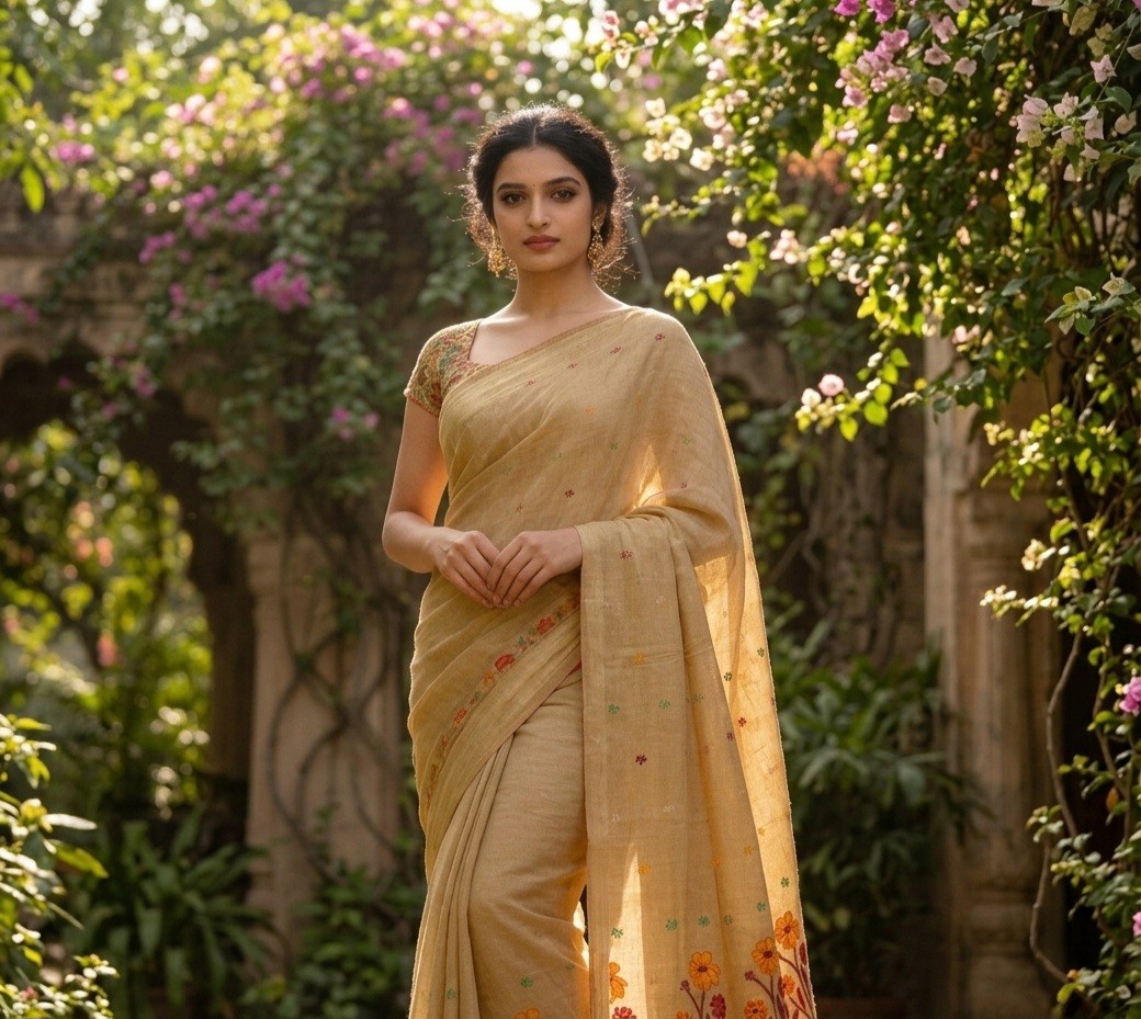 Riona Special Golden Bloom Muga Jamdani Saree