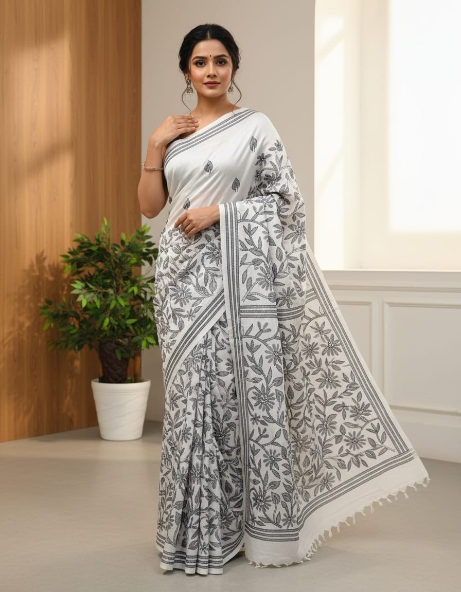 Cornetto Cut Bangalore Silk Kantha Saree - White with Grey Floral design