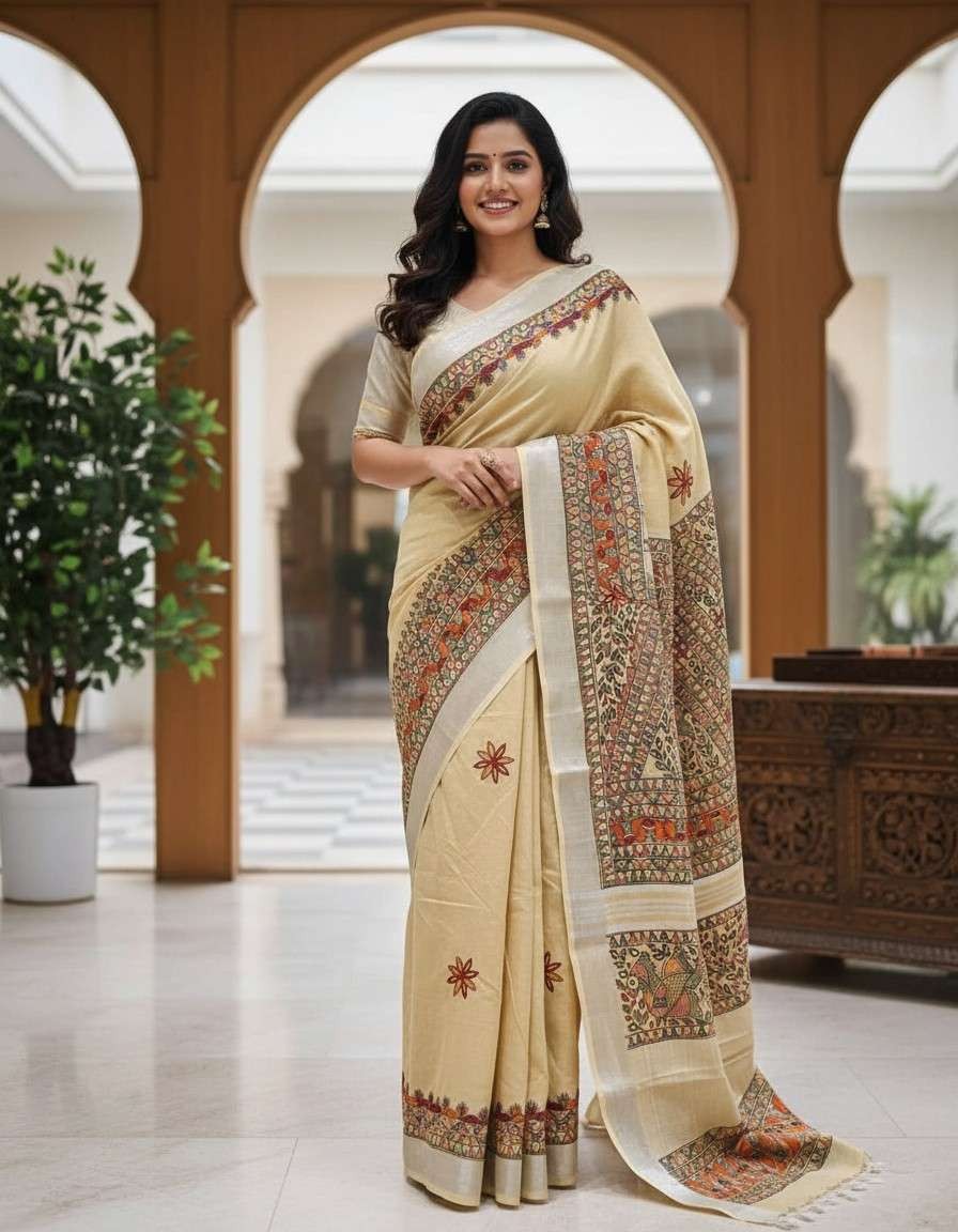 Floral motif Cream hand painted Madhubani blend saree