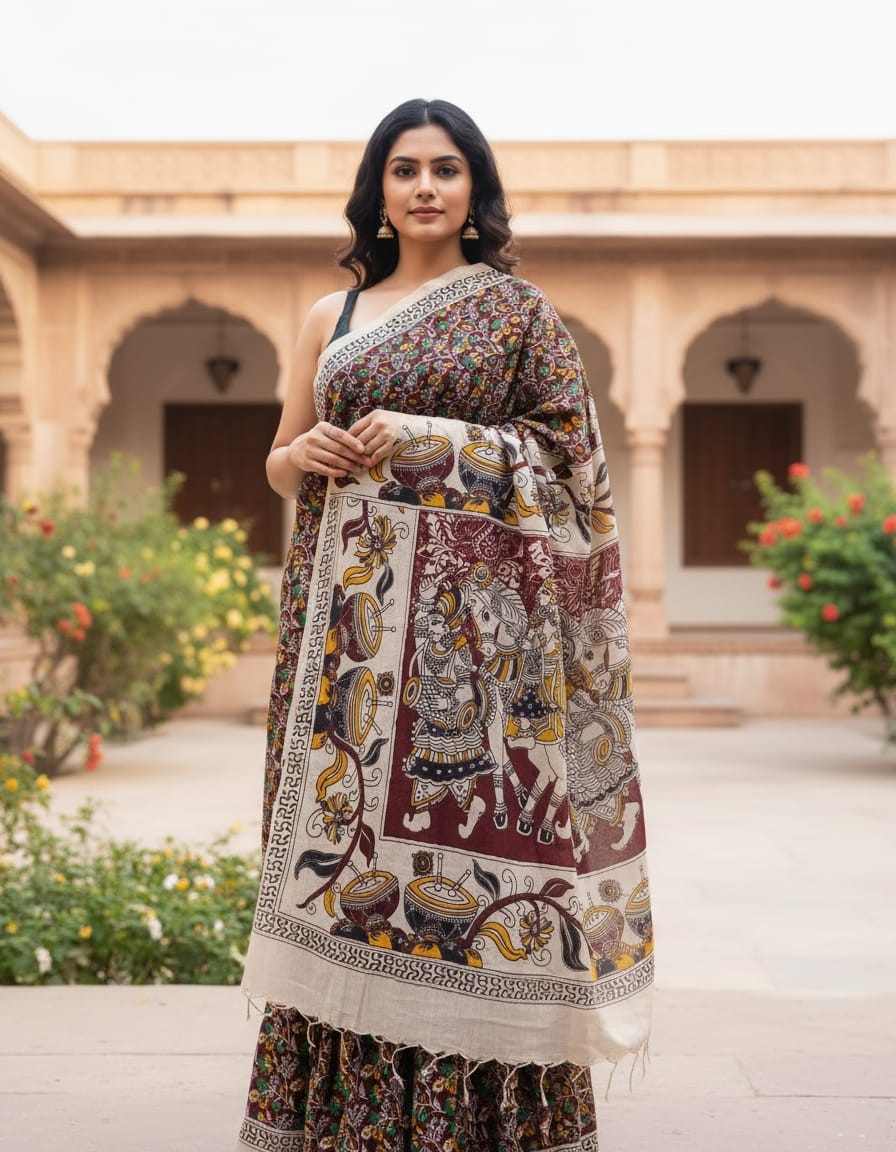 'Ketaki' Brown canvas with tiny Floral design cotton Kalamkari Saree