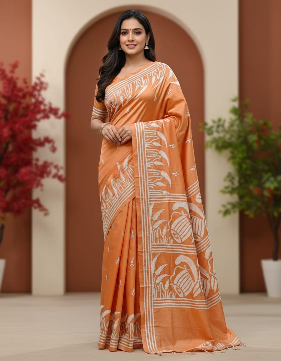 Peach Meadow Bangalore Silk Kantha Saree