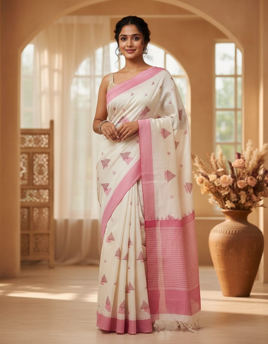 Hand stitched Matka Silk With Pyramid Design- Pink