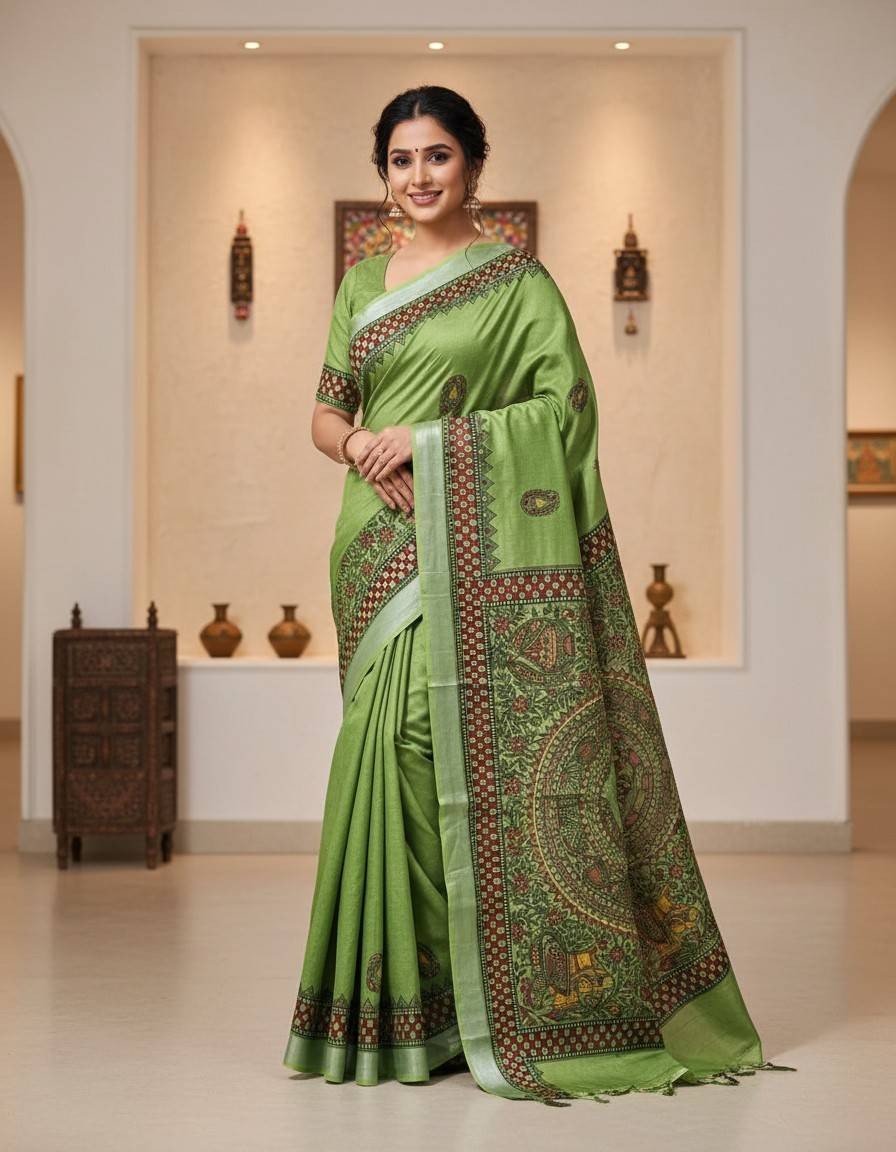 Mastya Sundari Green Bharni Hand painted Madhubani Blend Saree