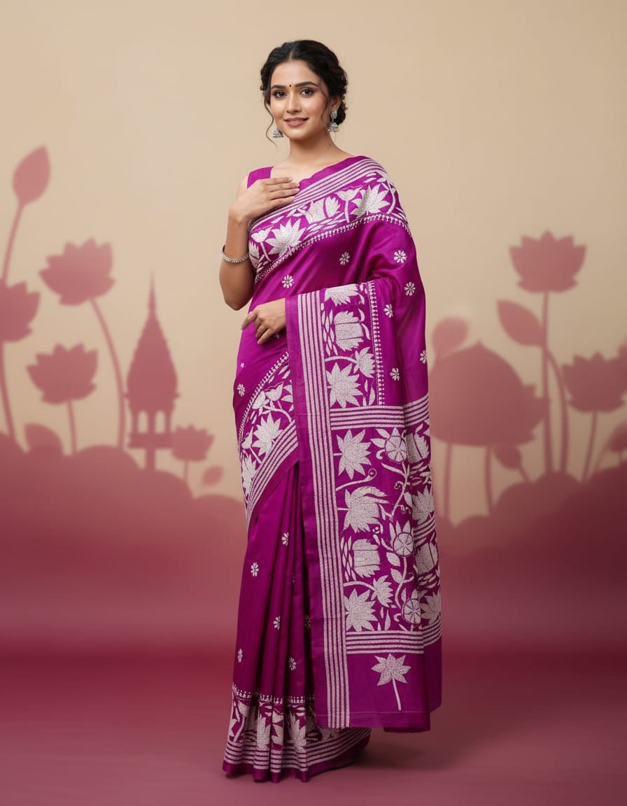 Berry Bloom Bangalore Silk Kantha Saree