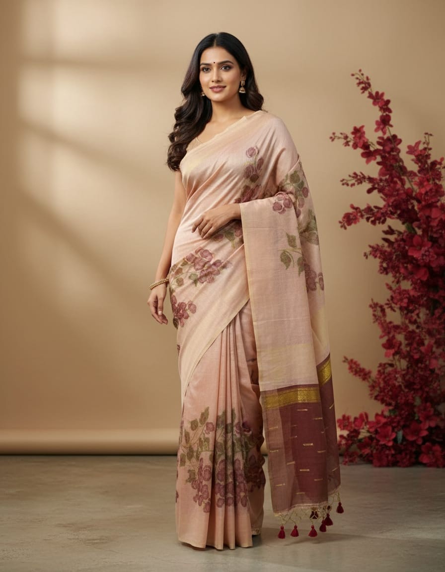 Floral Art Jamdani Saree - Light peach with Maroon Motifs