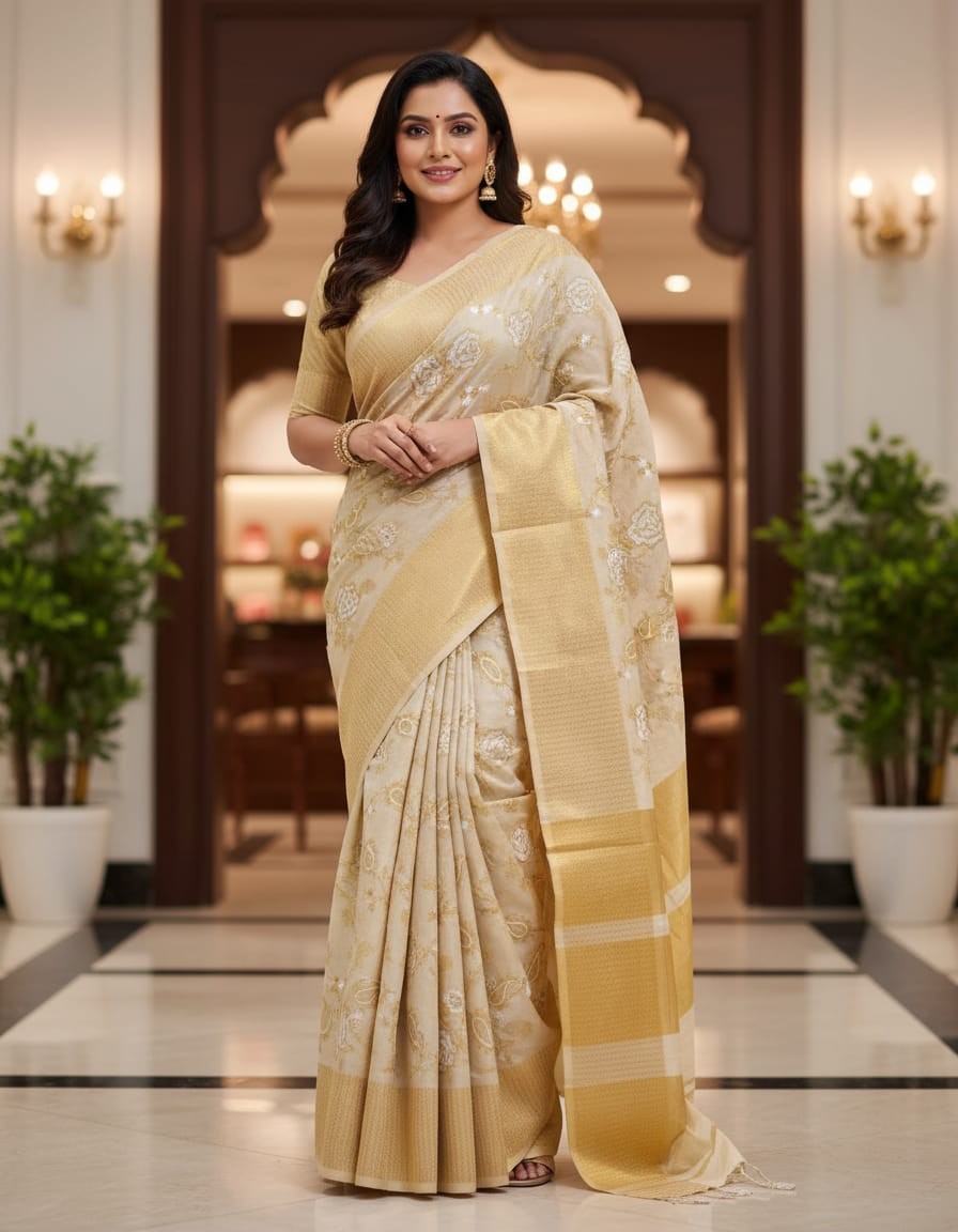 Riona Special Hand Stitched Assam Silk - Golden Rose Blossom