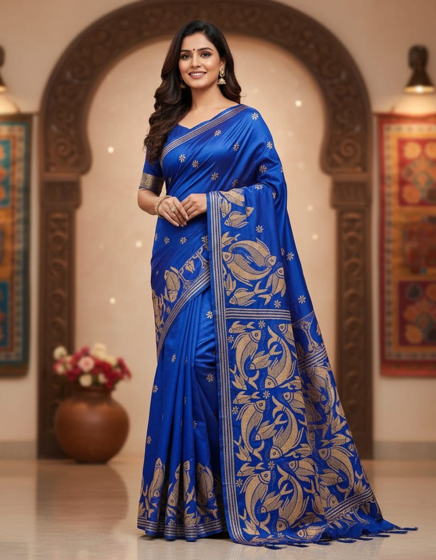 Golden Swim On Blue Bangalore Silk Kantha Saree