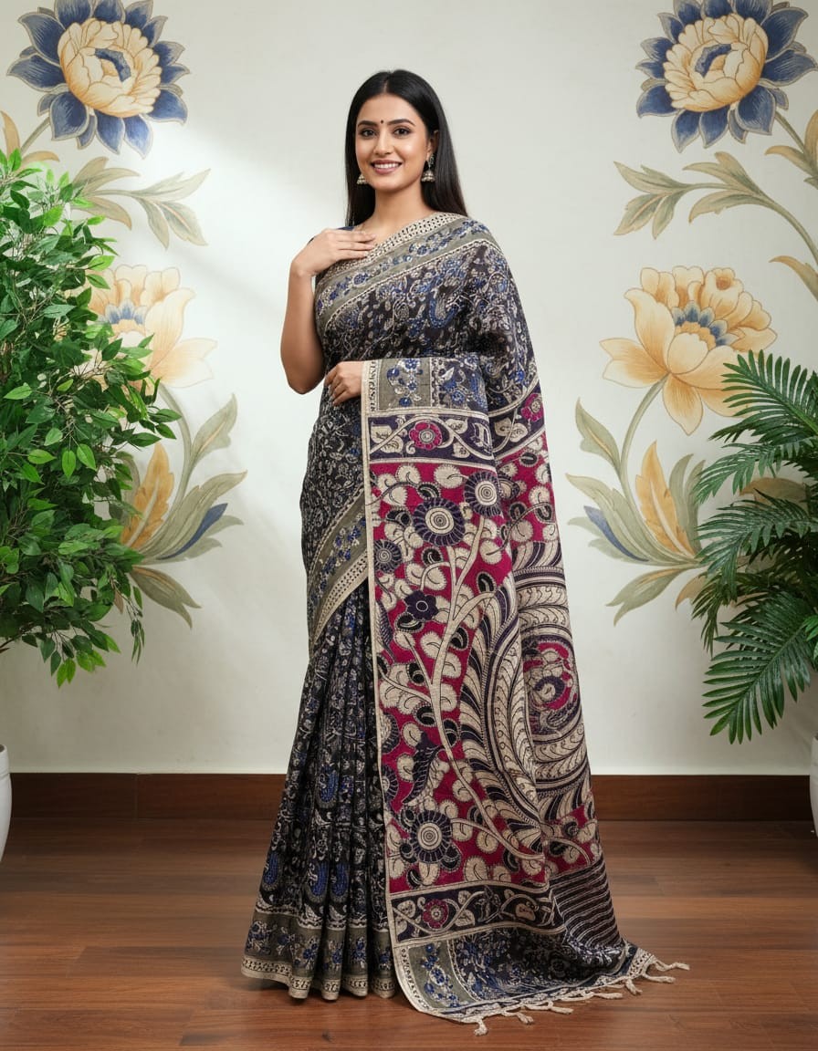 'Rajatavalli' Black canvas with Peacock design cotton Kalamkari Saree