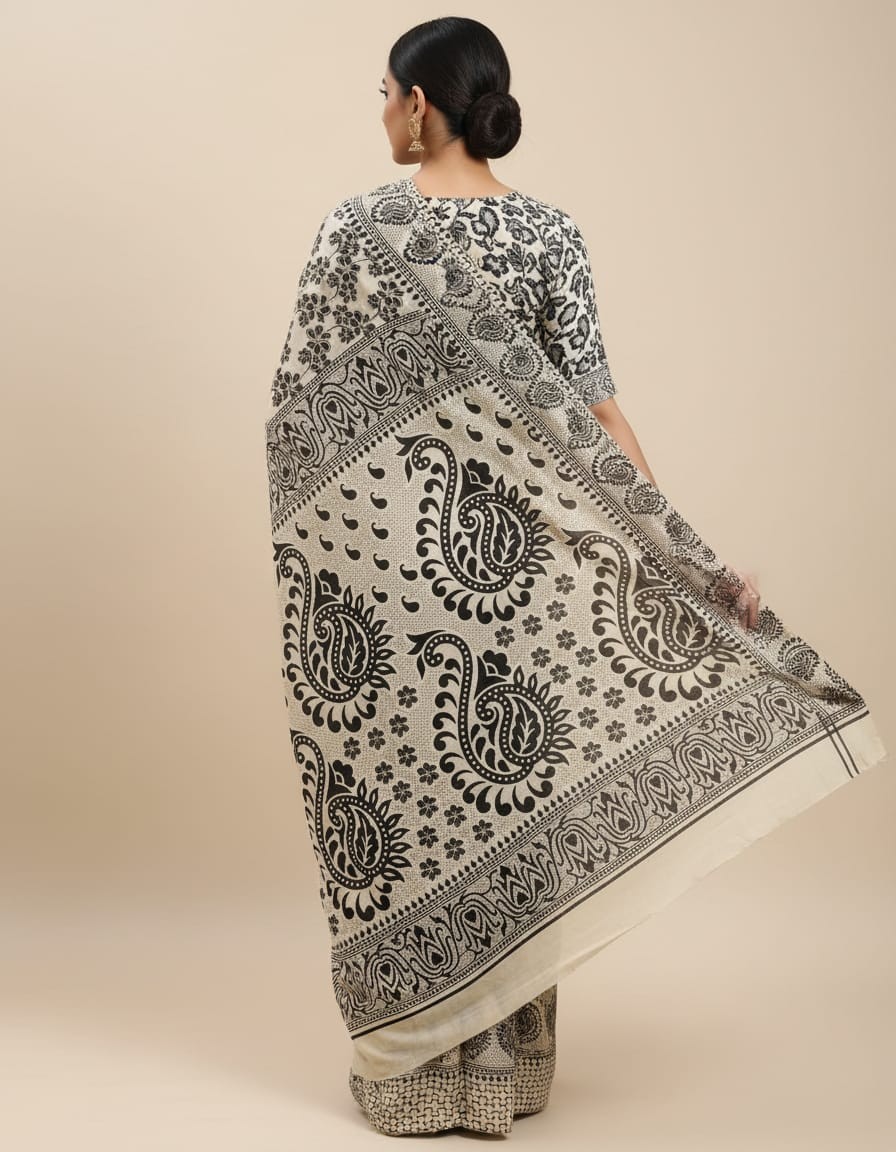 'Kumudini' Off White Canvas with Black Floral motifs  cotton Kalamkari Saree