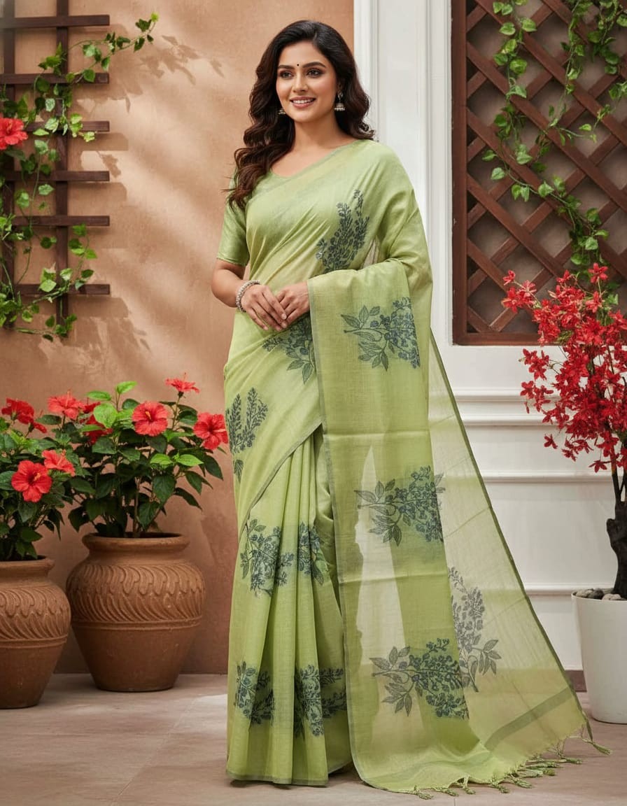 Floral Art Muga Jamdani Saree - Parrot Green Blossom