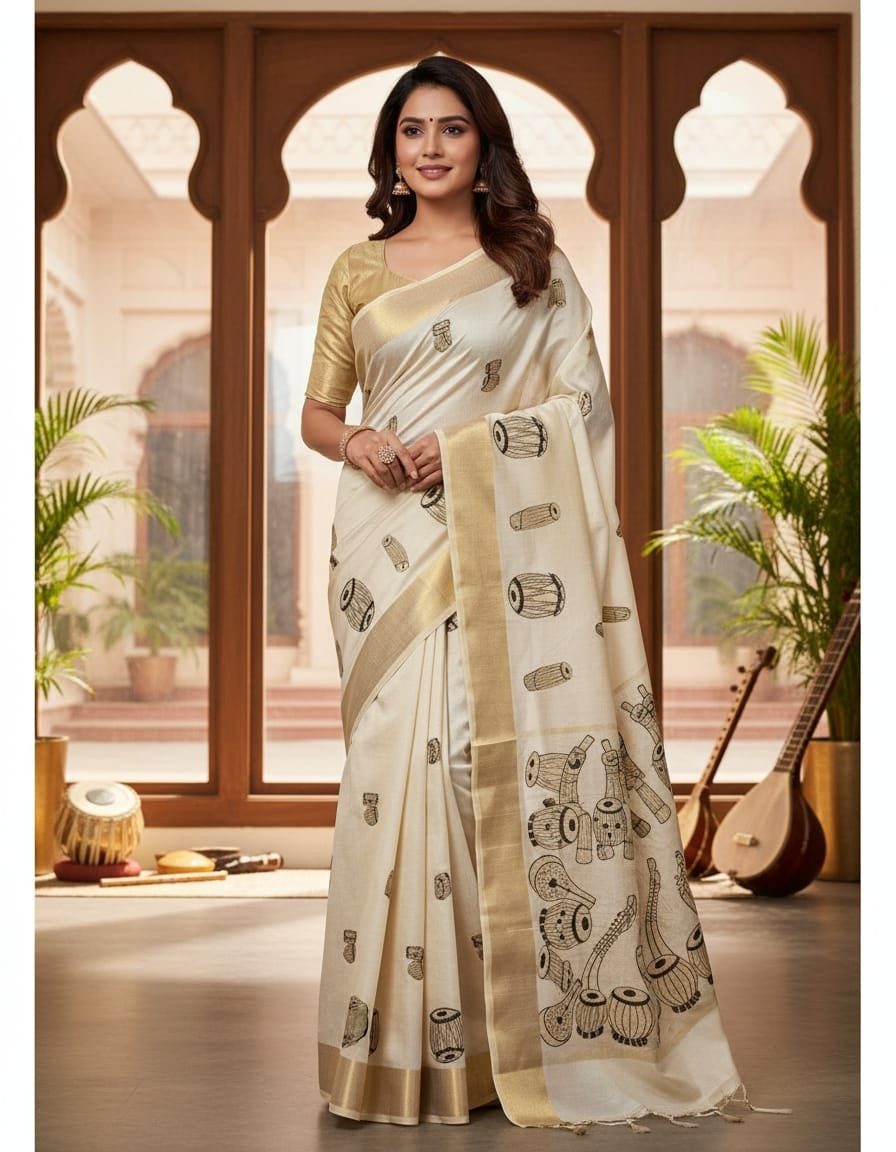 Musical Motif Semi Tussar Saree