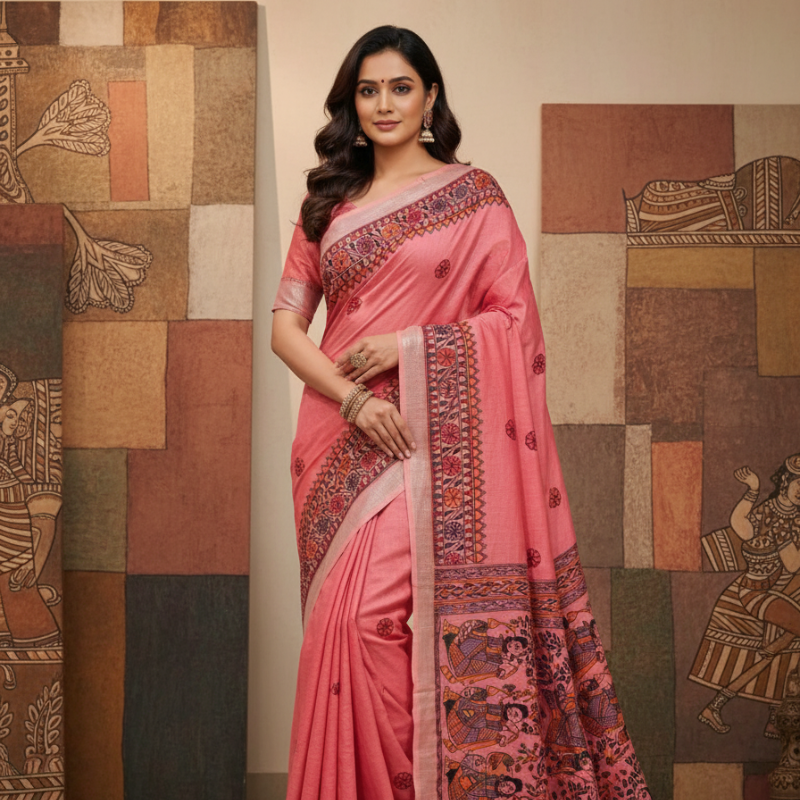 'Nritya Mithila' Pink Hand painted Madhubani Blend Saree