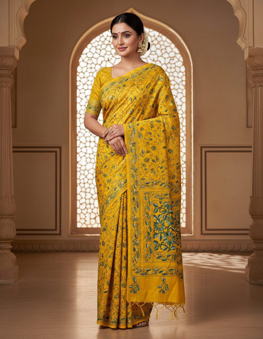Bangalore Silk Blend Kantha Saree - Yellow With Floral Design