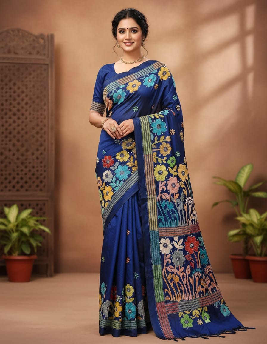 Blue Serenity Bangalore Silk Kantha Saree