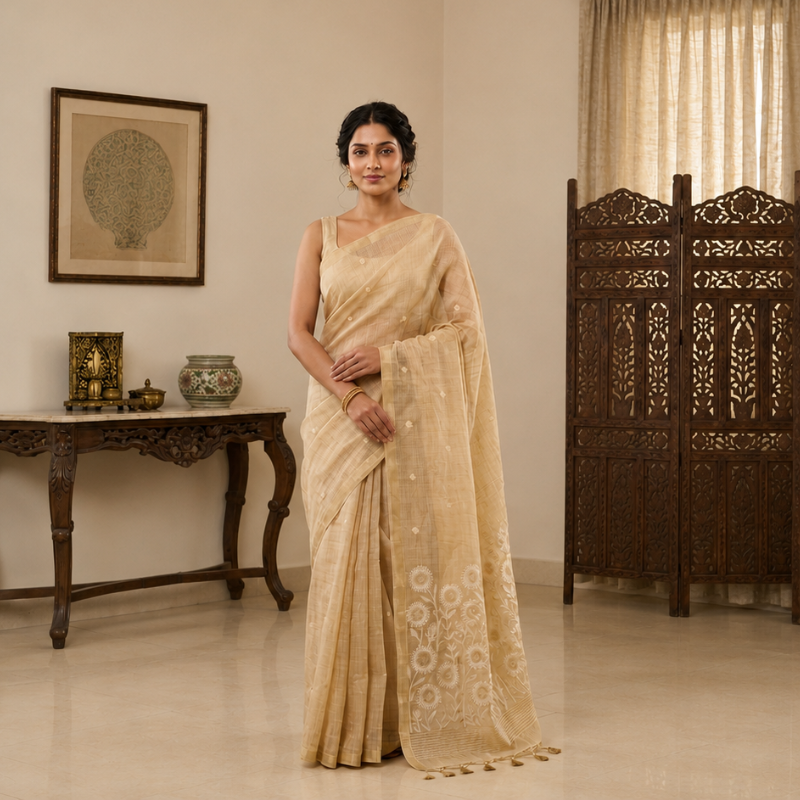 Springtime muga jamdani Saree-  Golden Beige