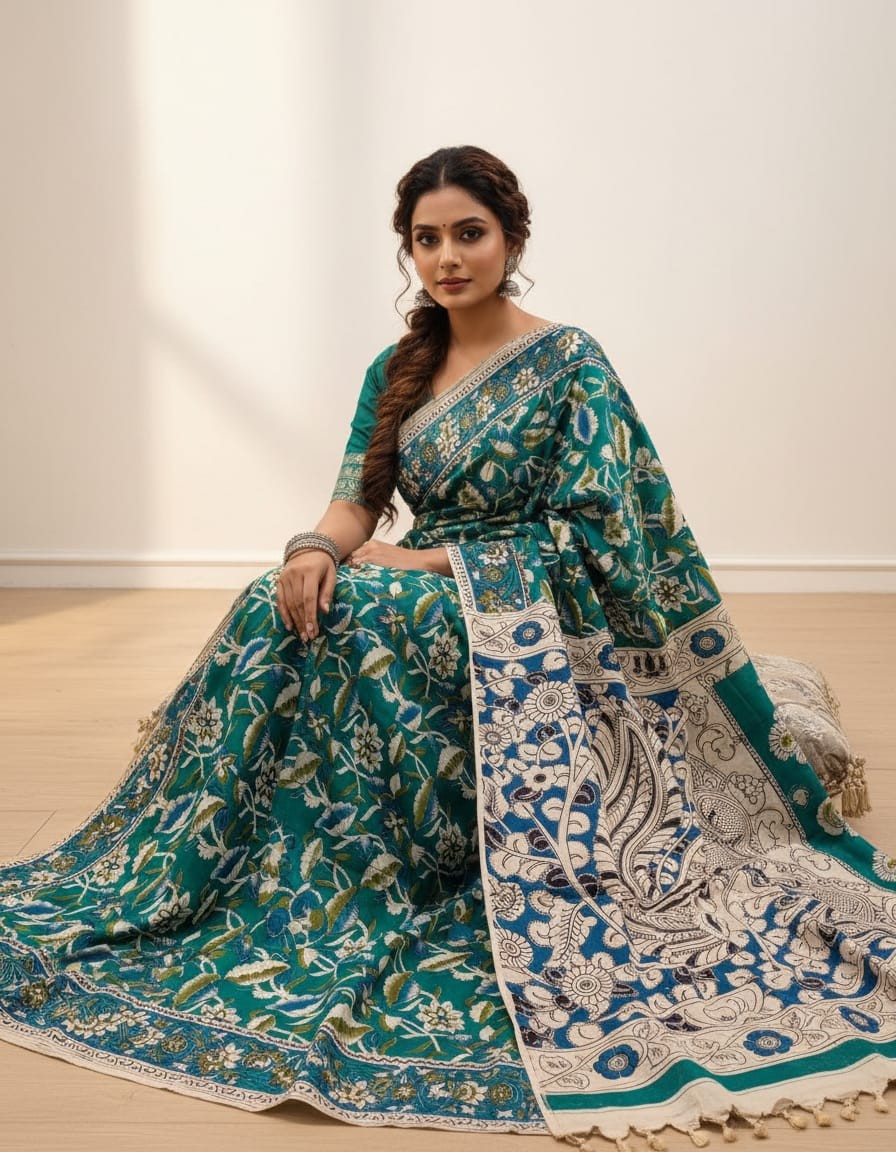 'Indivara' Teal canvas with Lotus motifs cotton Kalamkari Saree