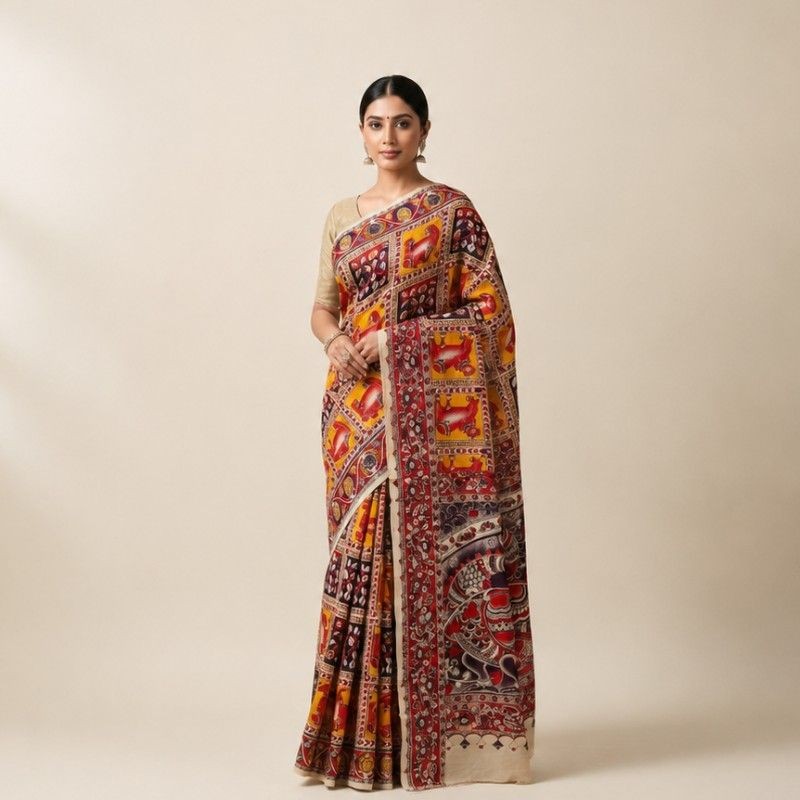 'Gopivastra' Multicolor canvas with Cow and Leaf motifs Nellore Silk Kalamkari Saree