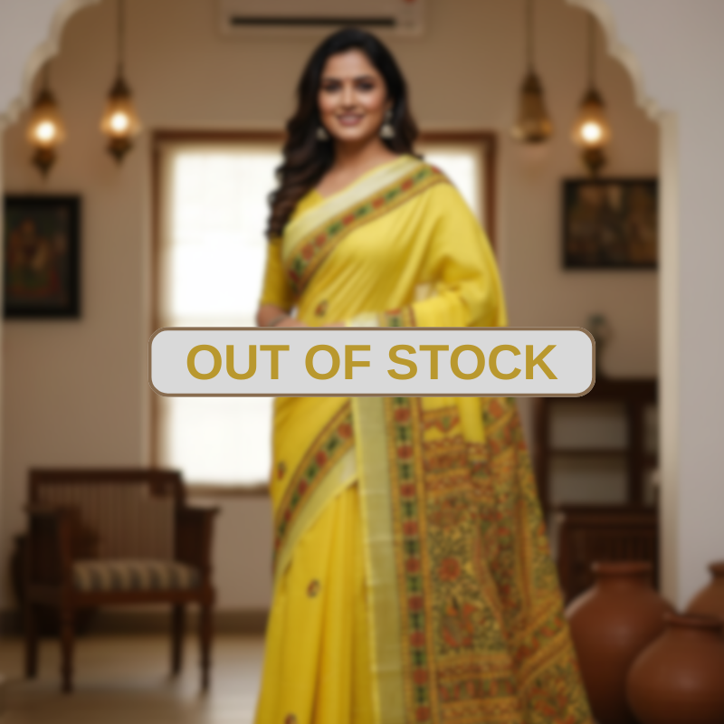 'Meen mayuri' Yellow Hand Painted Madhubani Blend Saree