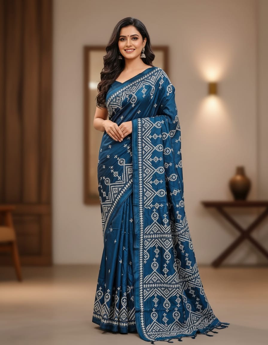 White Nakshi on Dark Teal Banglore Silk Kanta Saree