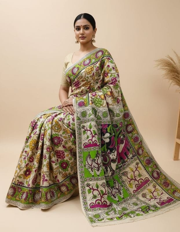 'Chitralekha' Off White Canvas with Floral motifs cotton Kalamkari Saree