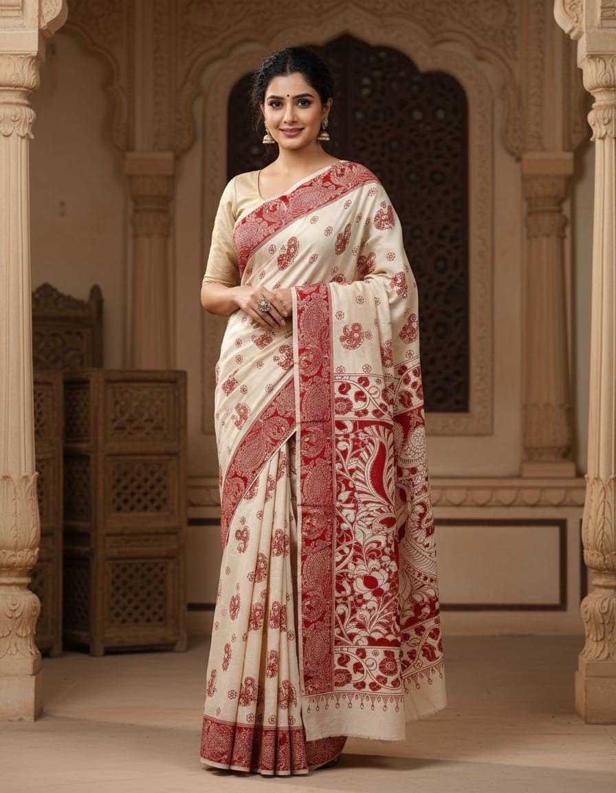 'Chitrangi' Cream base with Floral and Peacock motifs Nellore Silk Kalamkari Saree