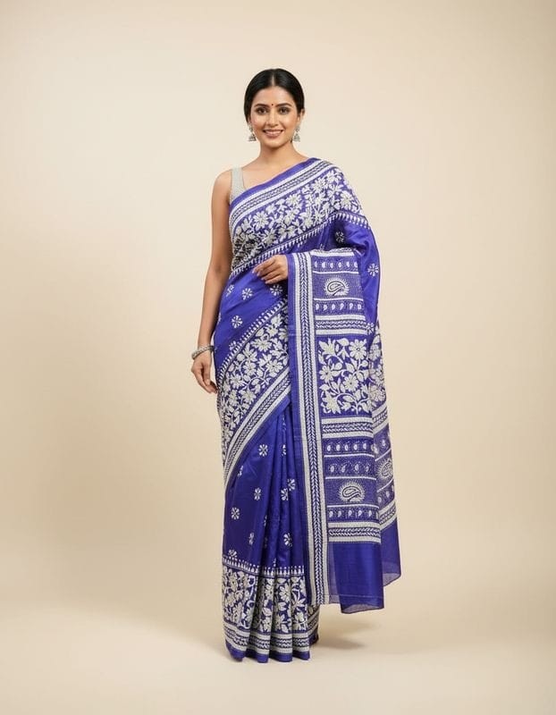 Bangalore Silk Kantha Saree - Royal Blue