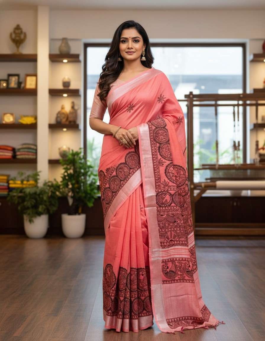 'MANORATH' Pink Handpainted Madhubani Blend Saree
