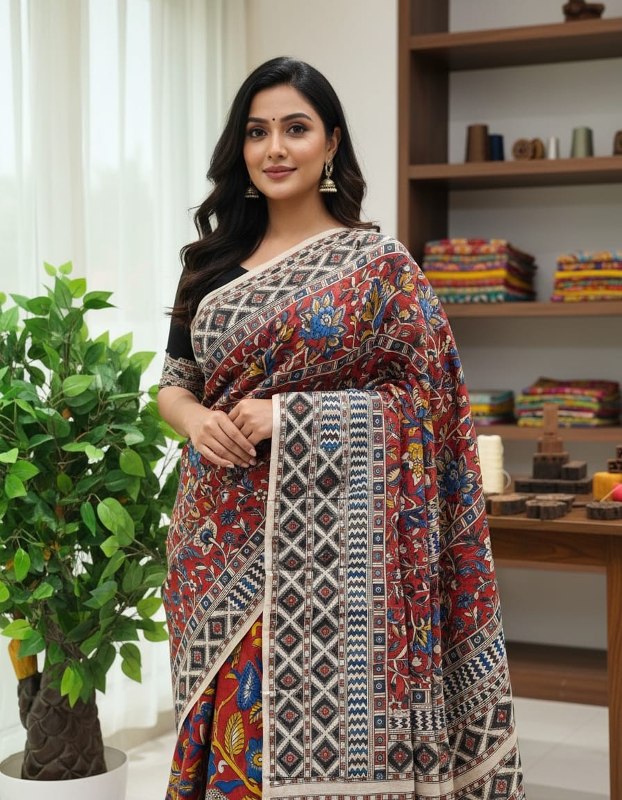 'Chitramayuri' Red canvas cotton Kalamkari Saree