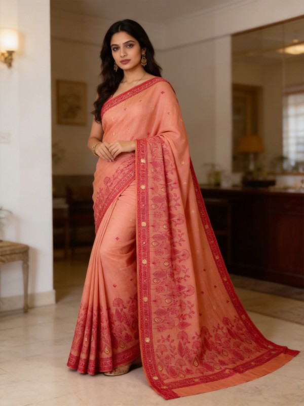 Floral Art Muga Jamdani Saree -Pastel Peach