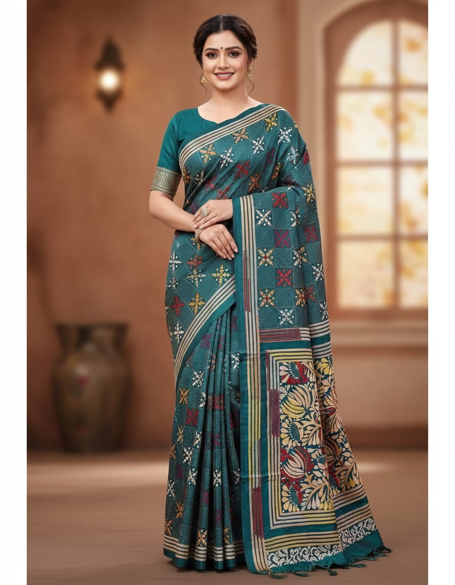 Floral Grid on Teal Bangalore Silk Kantha Saree