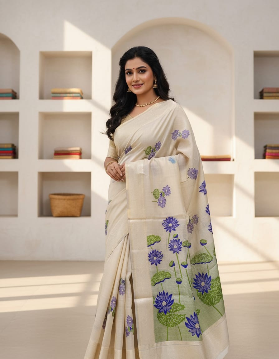 Blue Lily Grove Muga Jamdani Saree