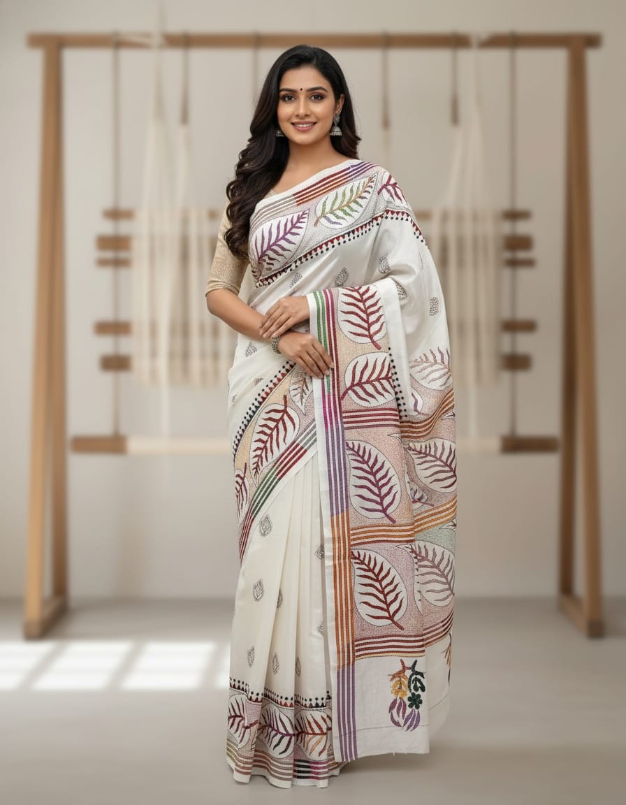 Serene White Leaf Touch Bangalore Silk Kantha Saree