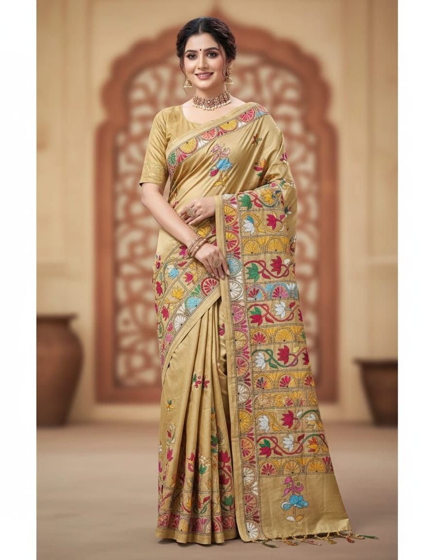 Bangalore Silk Kantha Saree - Buff with Multistitch
