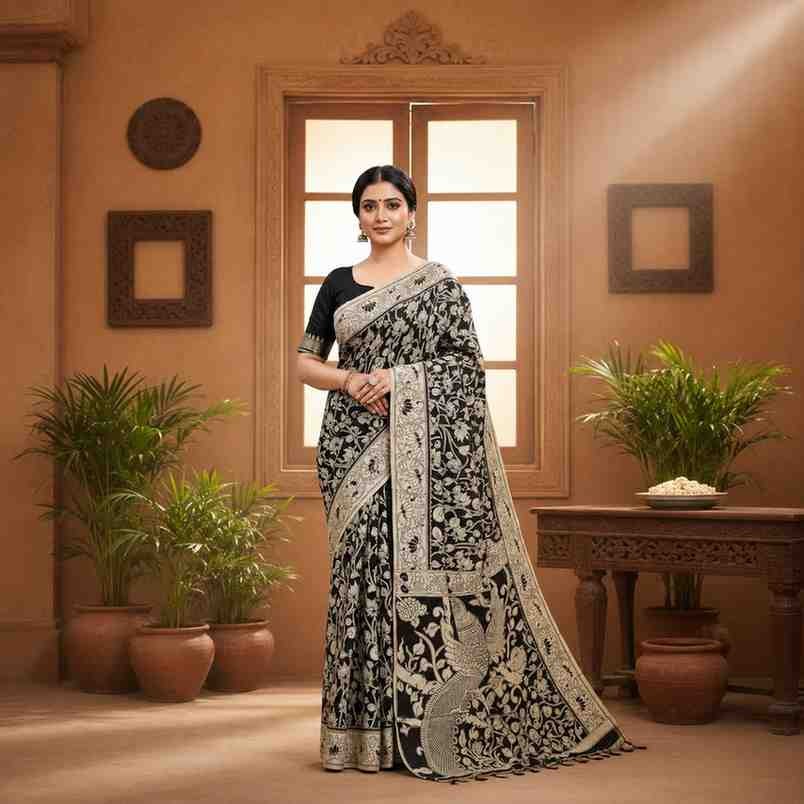 'Rajanikamal' Black canvas with Lotus motifs Nellore Silk Kalamkari Saree