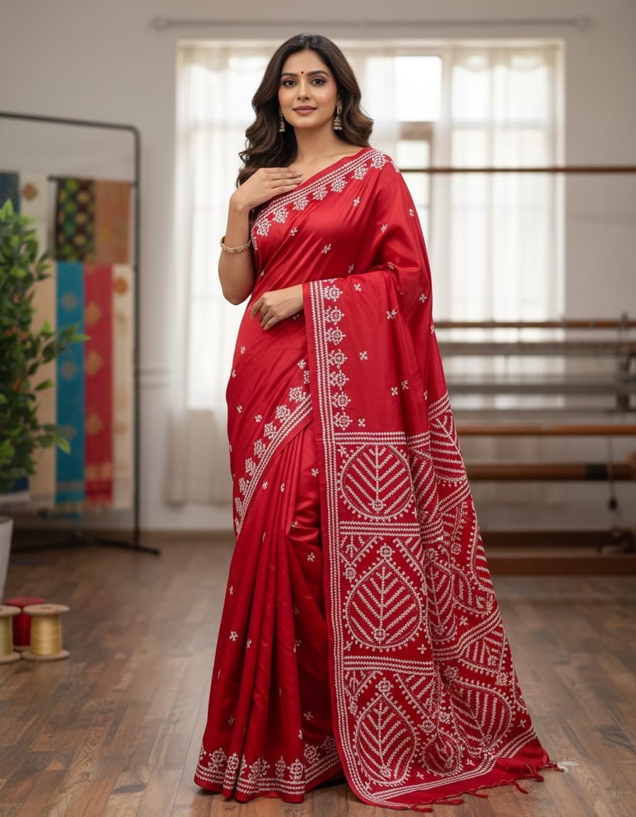 Bold Red With White Grace Bangalore Silk Kantha Saree