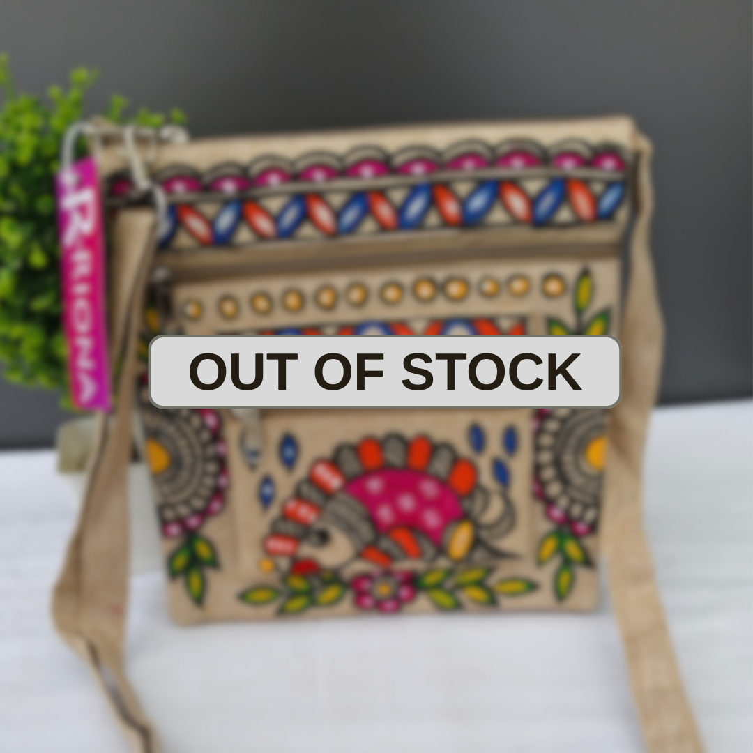 Handpainted Madhubani Double Chain Jute Small Sling Bag - Parrot Design